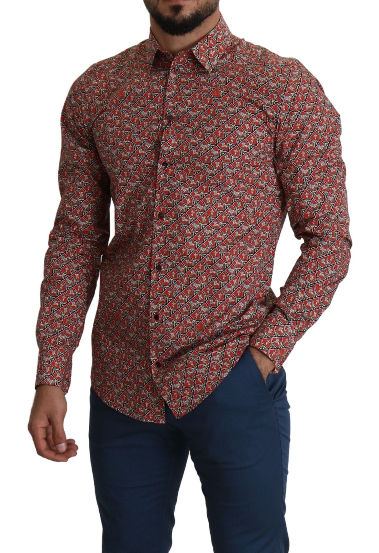 Dolce & Gabbana Red Printed Knight Formal Dress MARTINI Men's Shirt