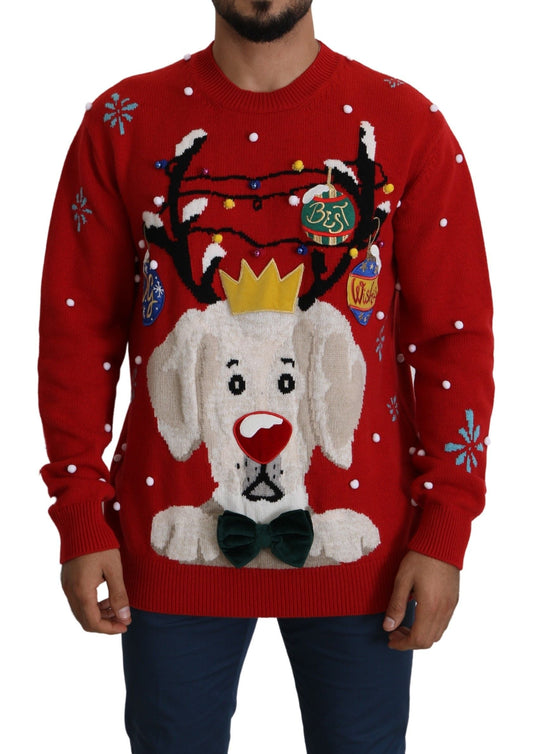 Dolce & Gabbana Red Christmas Dog Pullover Cashmere Men's Sweater
