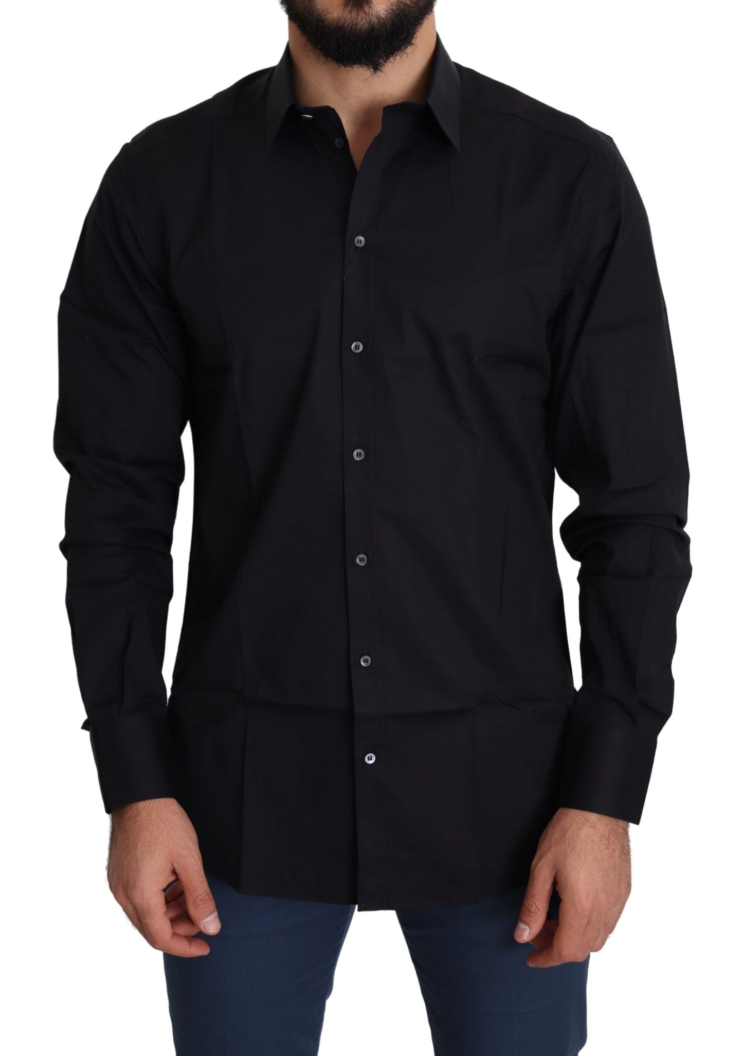 Dolce & Gabbana Black Cotton Stretch Formal GOLD Dress Men's Shirt