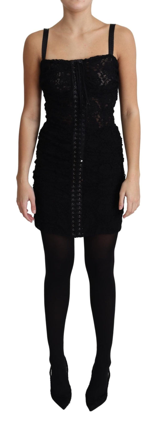 Dolce & Gabbana Black Lace Up Floral Corset Bustier Mini Women's Dress