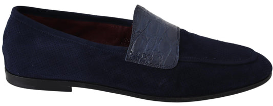 Dolce & Gabbana Blue Suede Caiman Loafers Slippers Men's Shoes