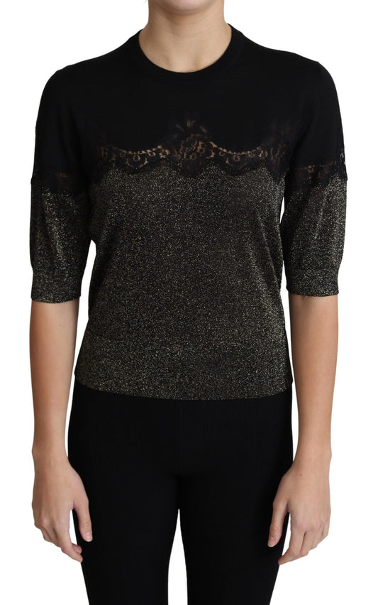 Dolce & Gabbana Black Shiny Lurex Lace Insert Pullover Women's Top