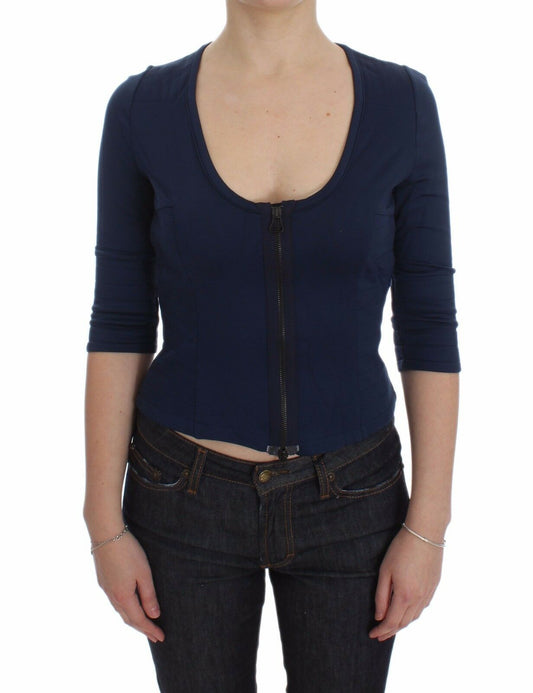 Exte Blue Cotton Top Zipper Deep Crew-neck Women's Sweater