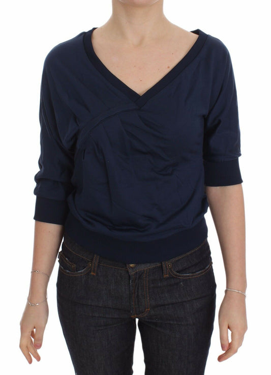 Exte Blue Cotton Top Pullover Deep V-neck Women Women's Sweater