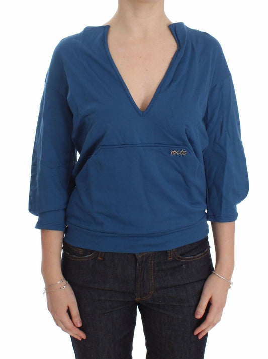 Exte Blue Cotton Top Pullover Deep V-neck Women Women's Sweater