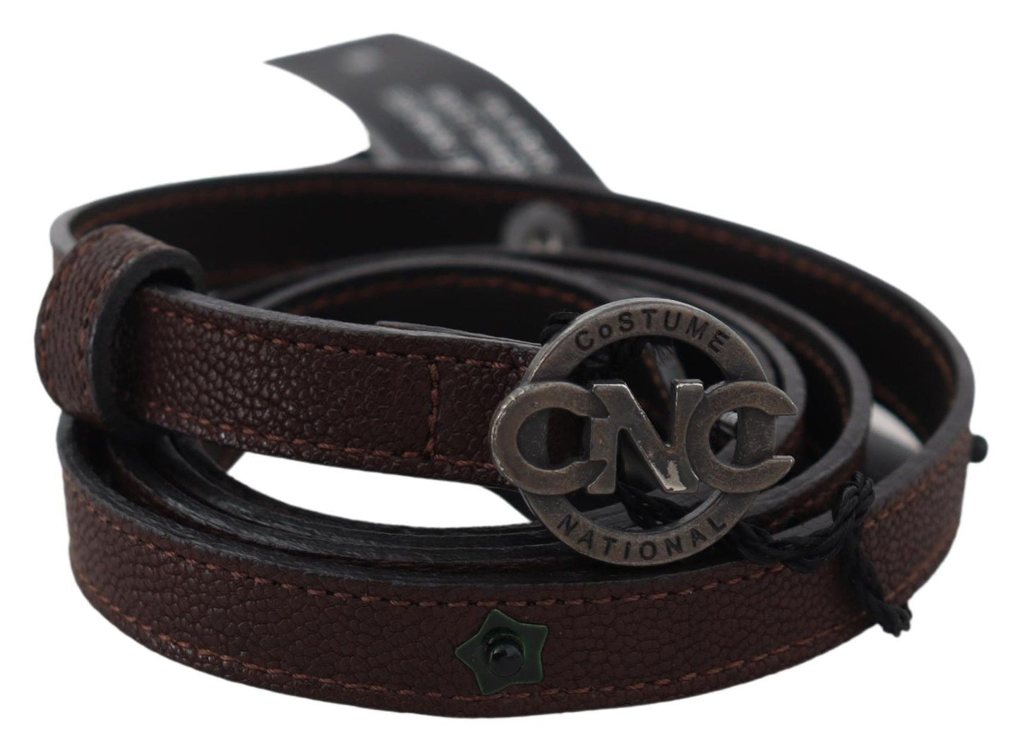 Costume National Brown Skinny Leather Round Logo Buckle Women's Belt