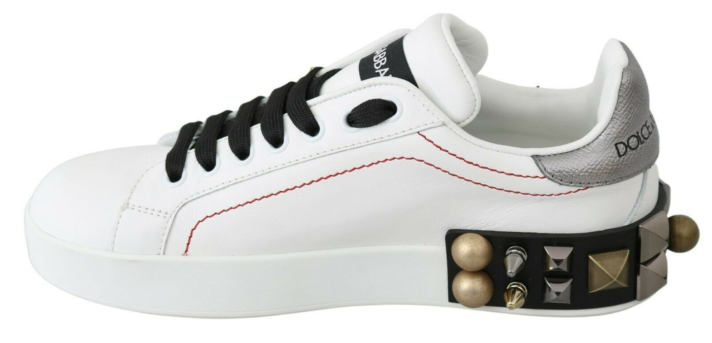 Dolce & Gabbana White Leather Crystal Roses Floral Sneakers Women's Shoes
