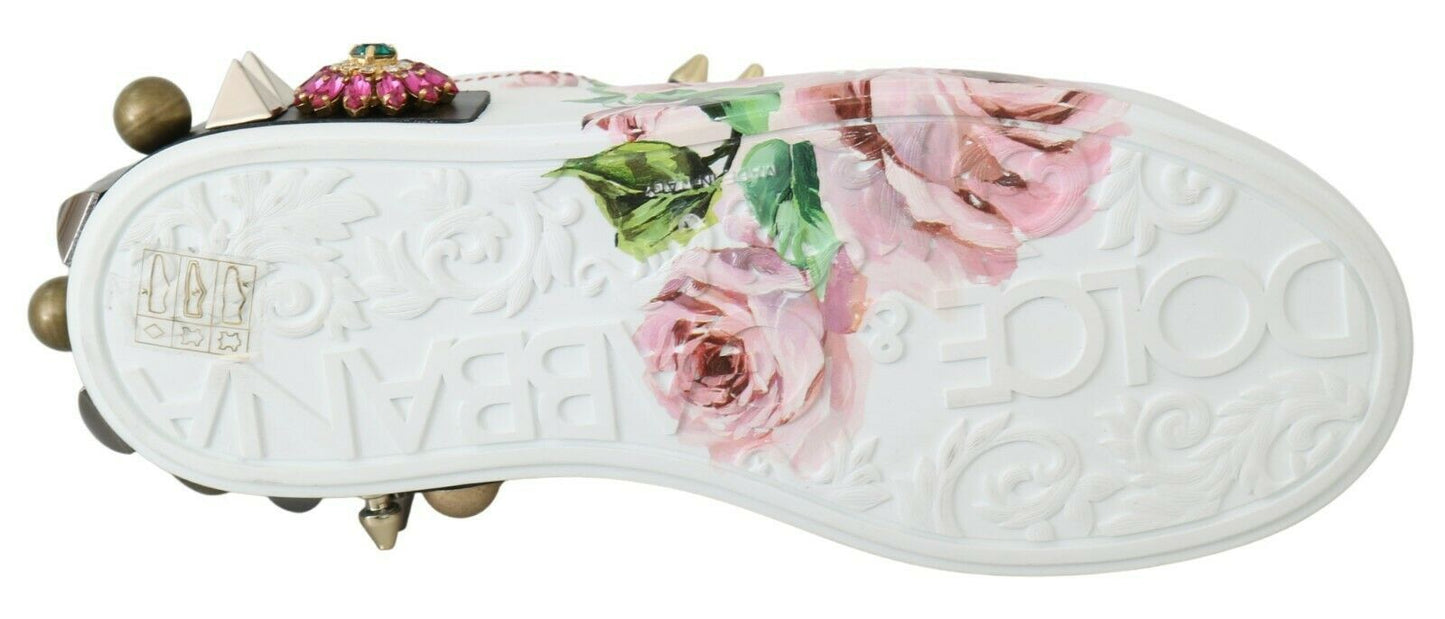 Dolce & Gabbana White Leather Crystal Roses Floral Sneakers Women's Shoes