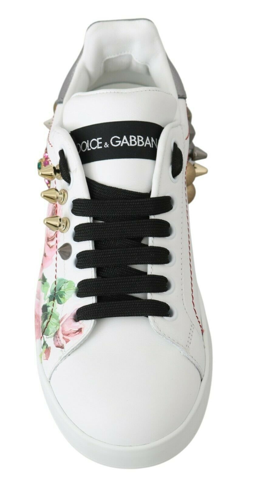 Dolce & Gabbana White Leather Crystal Roses Floral Sneakers Women's Shoes