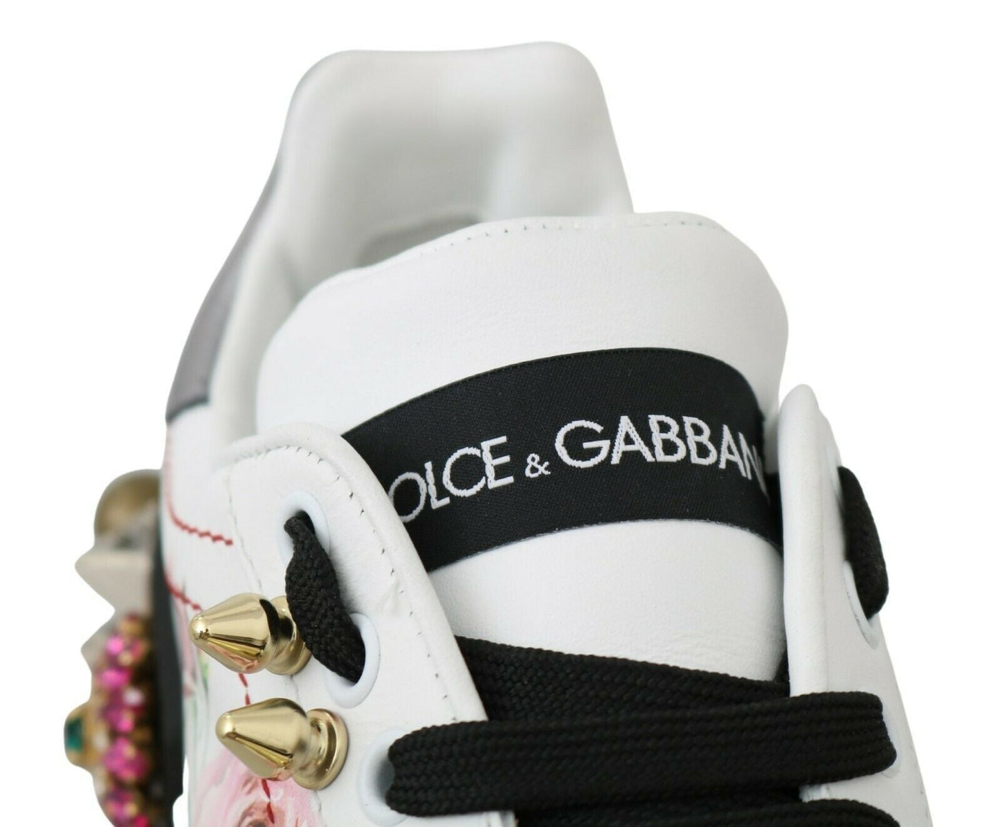 Dolce & Gabbana White Leather Crystal Roses Floral Sneakers Women's Shoes