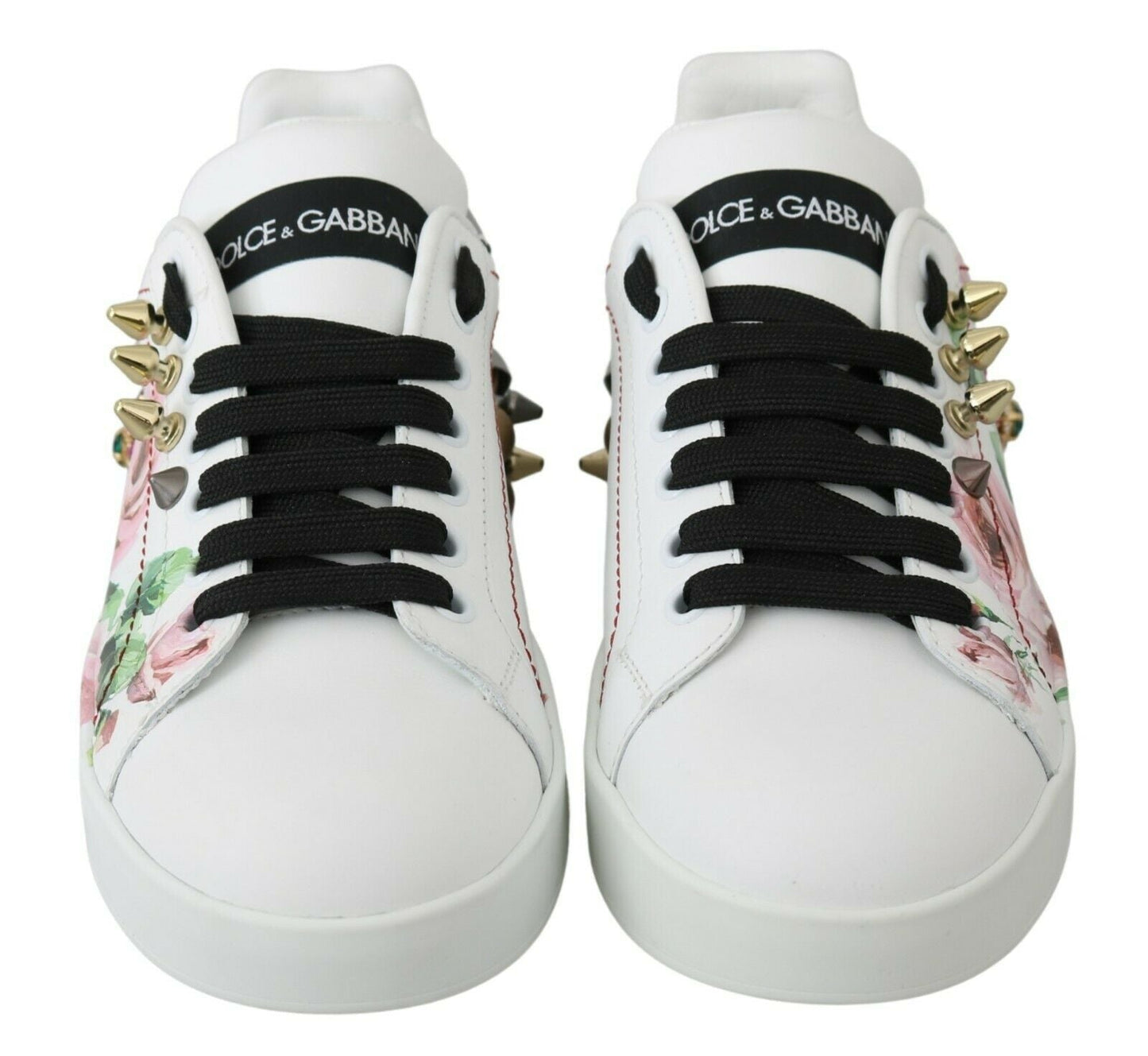 Dolce & Gabbana White Leather Crystal Roses Floral Sneakers Women's Shoes