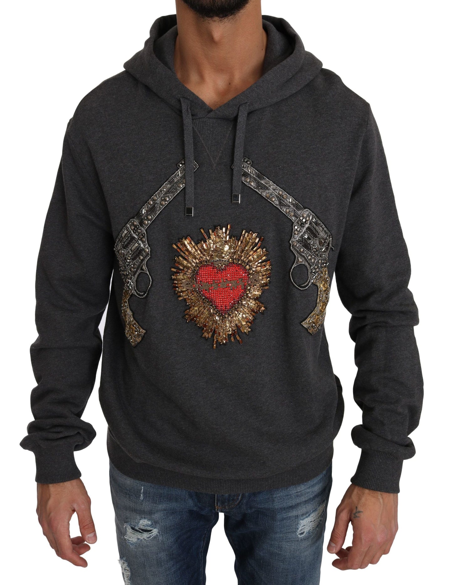 Dolce & Gabbana Gray Hooded Red Crystal Heart Gun Men's Sweater