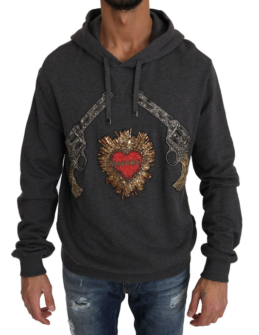 Dolce & Gabbana Gray Hooded Red Crystal Heart Gun Men's Sweater