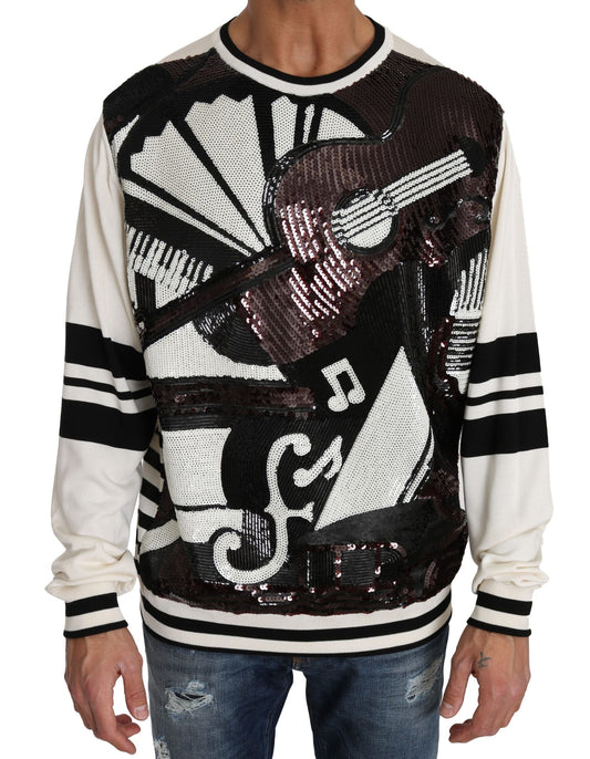 Dolce & Gabbana White Jazz Sequined Guitar Pullover Top Men's Sweater