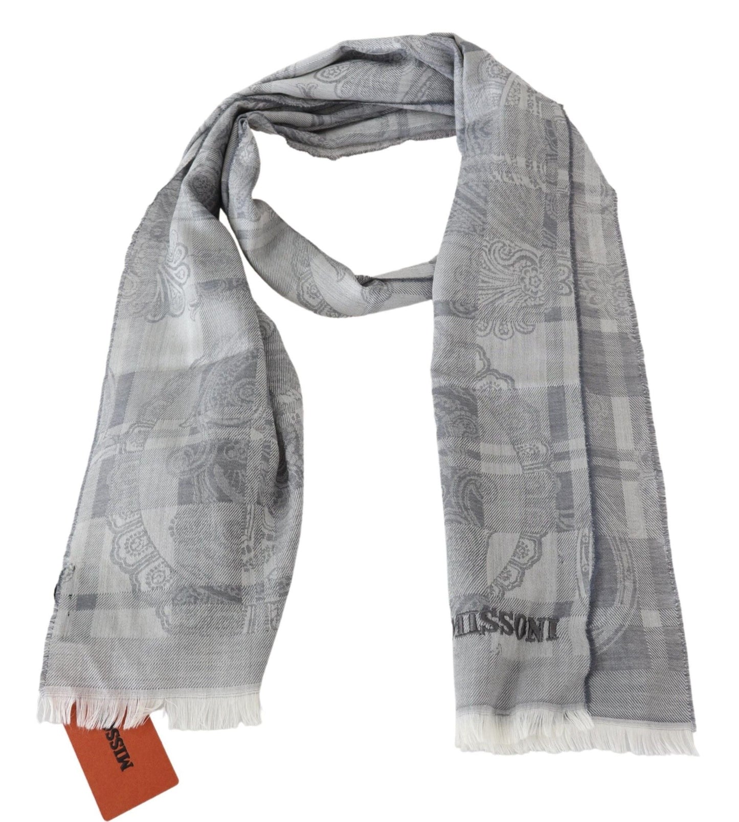 Missoni Gray Floral Wool Unisex Neck Wrap Fringes Men's Scarf