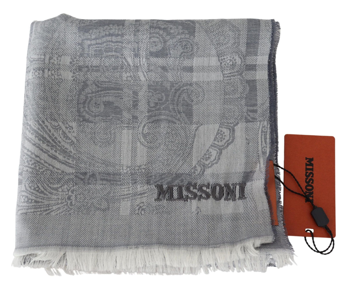 Missoni Gray Floral Wool Unisex Neck Wrap Fringes Men's Scarf