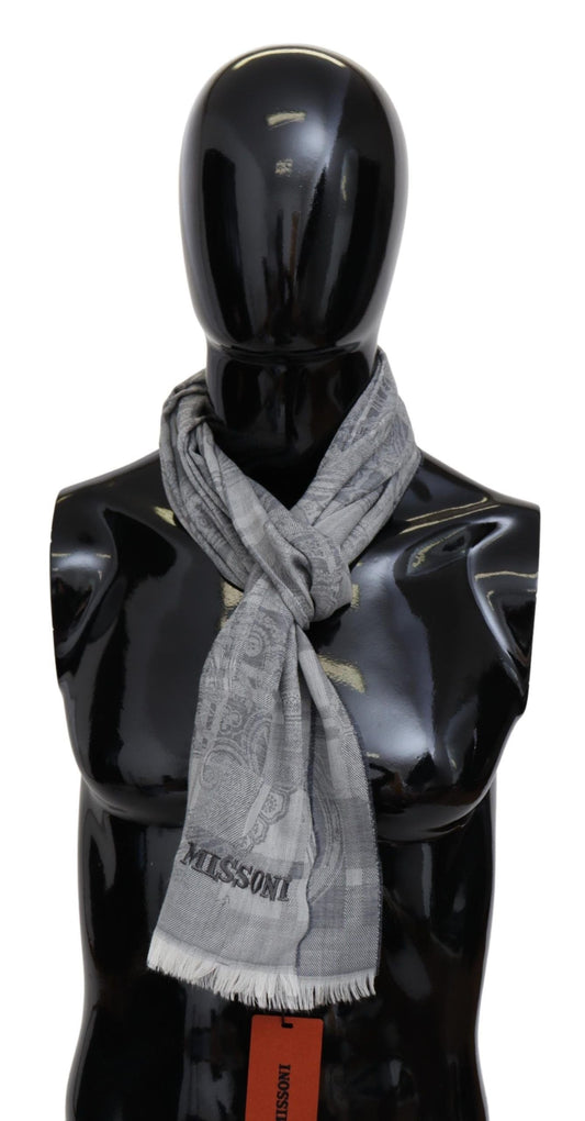 Missoni Gray Floral Wool Unisex Neck Wrap Fringes Men's Scarf