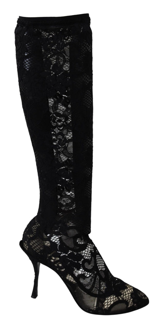 Dolce & Gabbana Black Taormina Lace Socks Boots Shoes Women's Pumps
