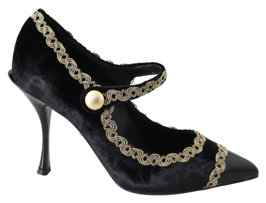 Dolce & Gabbana Black Velvet Gold Mary Janes Women's Pumps
