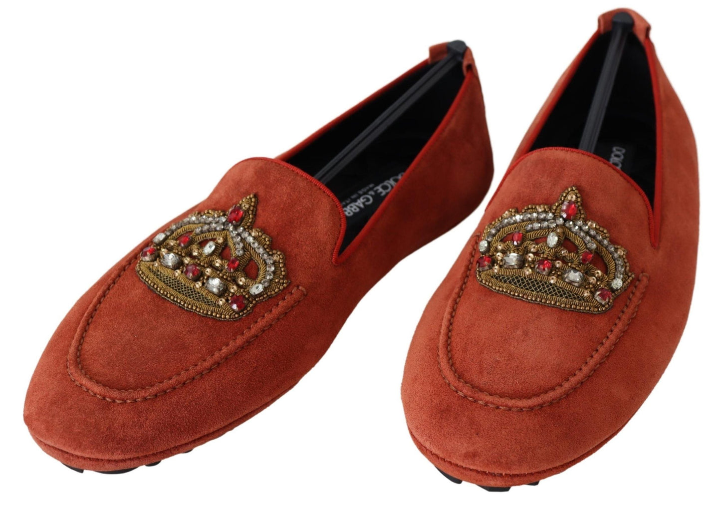 Dolce & Gabbana Orange Leather Crystal Crown  Loafers Men's Shoes