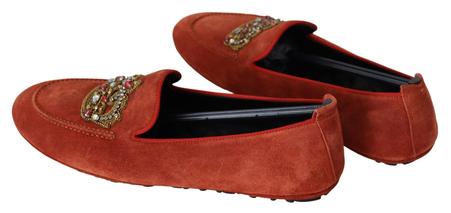 Dolce & Gabbana Orange Leather Crystal Crown  Loafers Men's Shoes