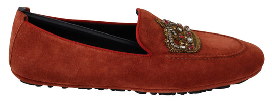 Dolce & Gabbana Orange Leather Crystal Crown  Loafers Men's Shoes