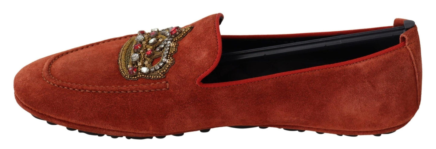 Dolce & Gabbana Orange Leather Crystal Crown  Loafers Men's Shoes