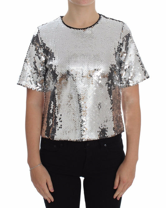 Dolce & Gabbana Silver Sequined Crewneck Blouse T-shirt Women's Top