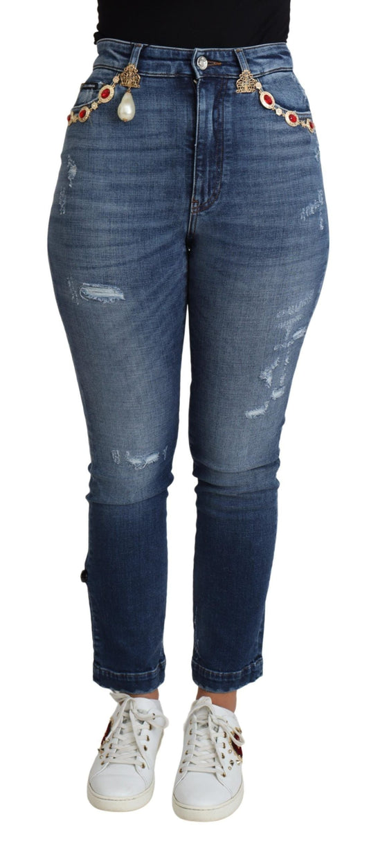Dolce & Gabbana Blue Embellished Skinny Trouser Cotton Women's Jeans
