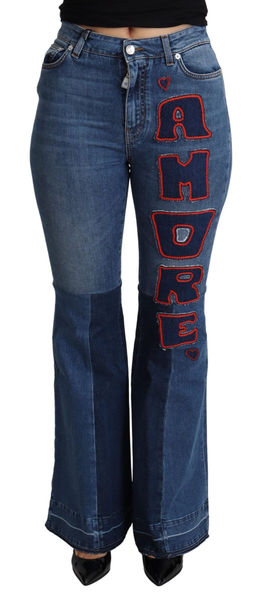 Dolce & Gabbana Blue Amore Patch Boot Cut Cotton Stretch Women's Pant