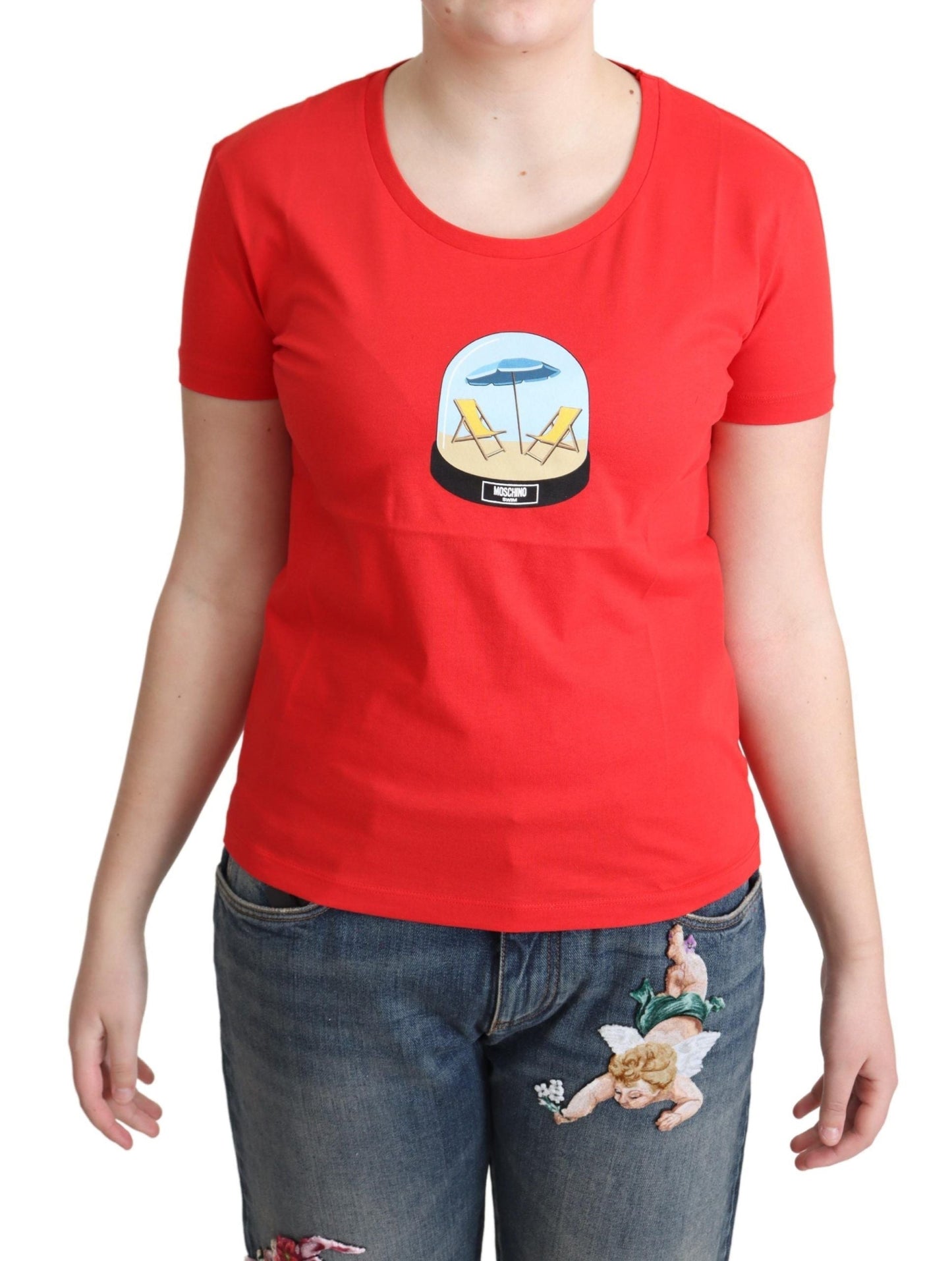 Moschino Red Printed Cotton Short Sleeves Tops Blouse Women's T-shirt