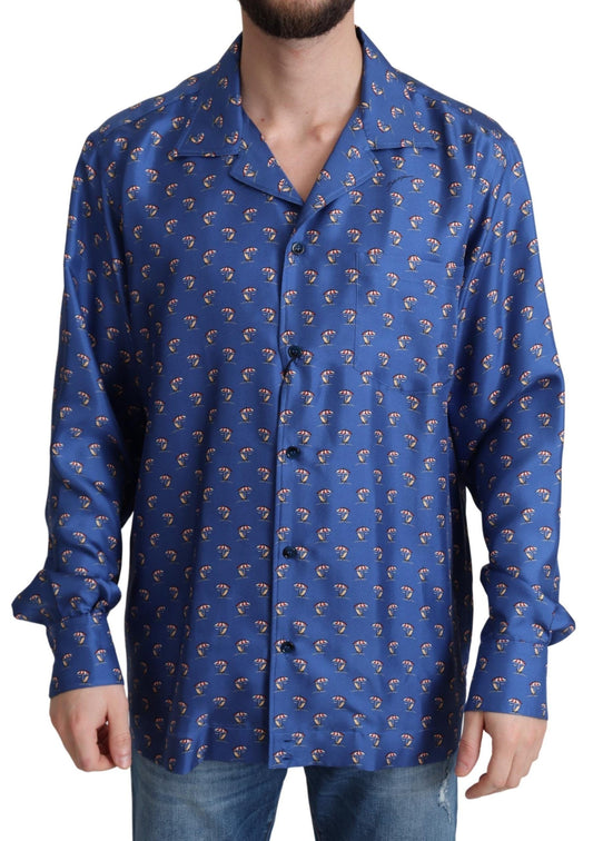 Dolce & Gabbana Blue Beach Chair Umbrella Print Silk Men's Shirt