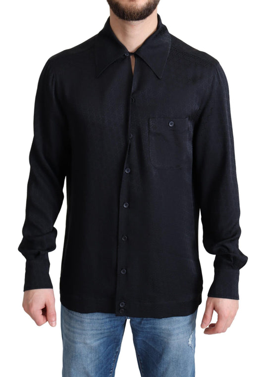 Dolce & Gabbana Black Jacquard Silk Casual Button Down Men's Shirt