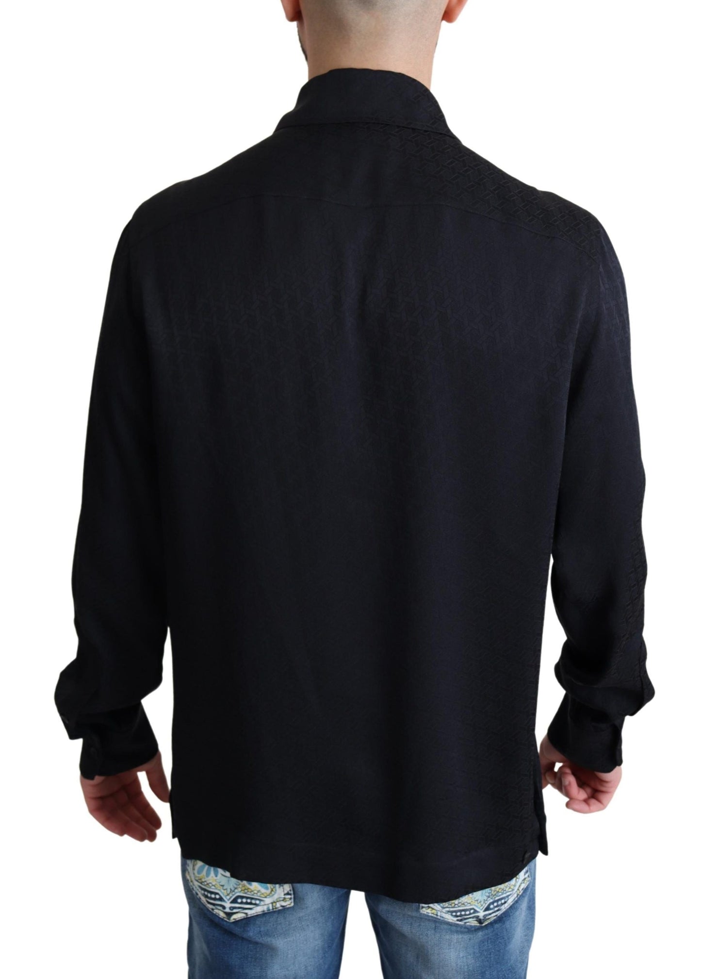 Dolce & Gabbana Black Jacquard Silk Casual Button Down Men's Shirt