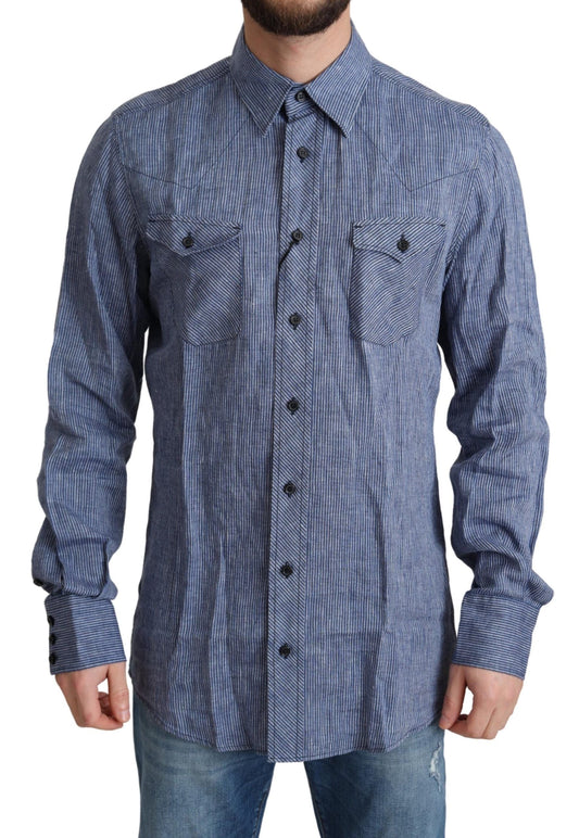 Dolce & Gabbana Blue Stripes Men Casual Button Down Men's Shirt
