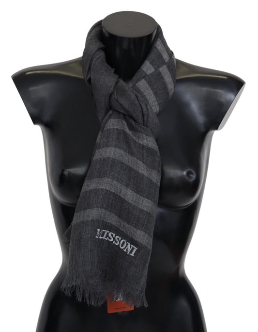 Missoni Gray Striped Wool Unisex Neck Wrap Fringes Men's Scarf