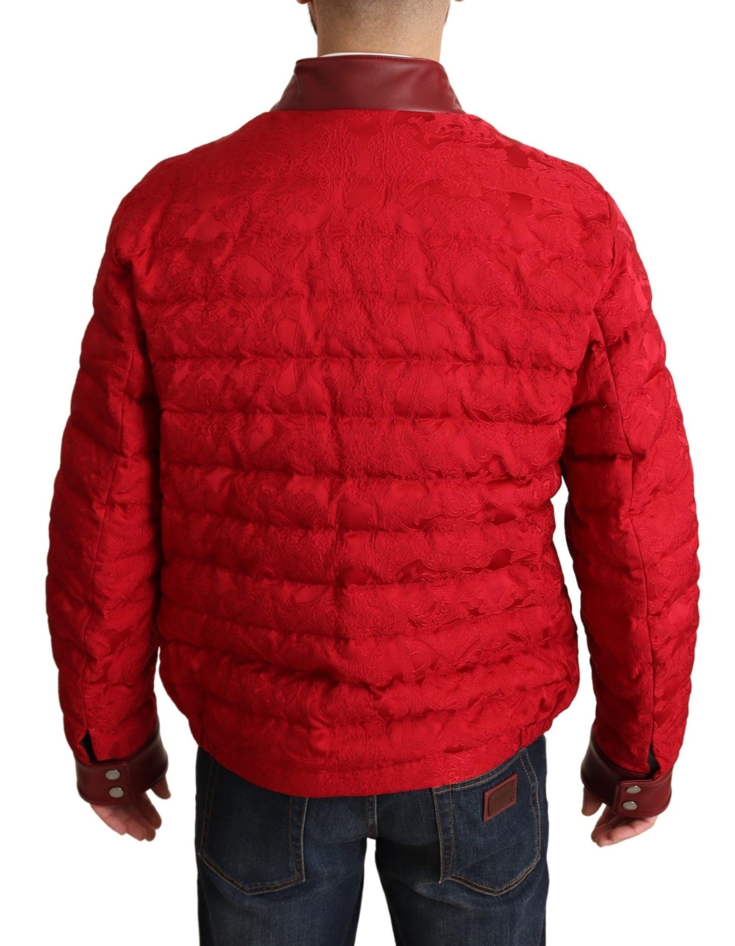 Dolce & Gabbana Red Brocade Bomber Gold Crown Logo Coat Men's Jacket