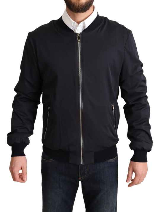Dolce & Gabbana Blue Silk Coat Short Bomber Men Men's Jacket