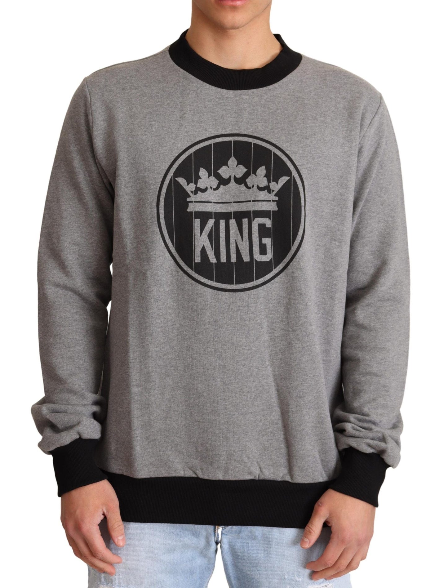 Dolce & Gabbana Gray Crown King Cotton Pullover Men's Sweater