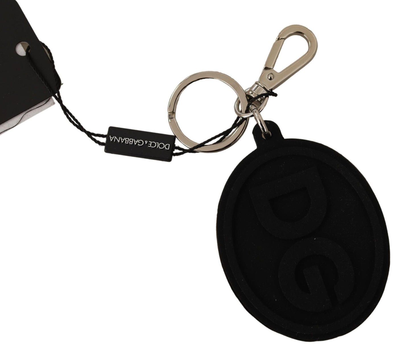 Dolce & Gabbana Black Rubber DG Logo Silver Brass Metal Men's Keychain