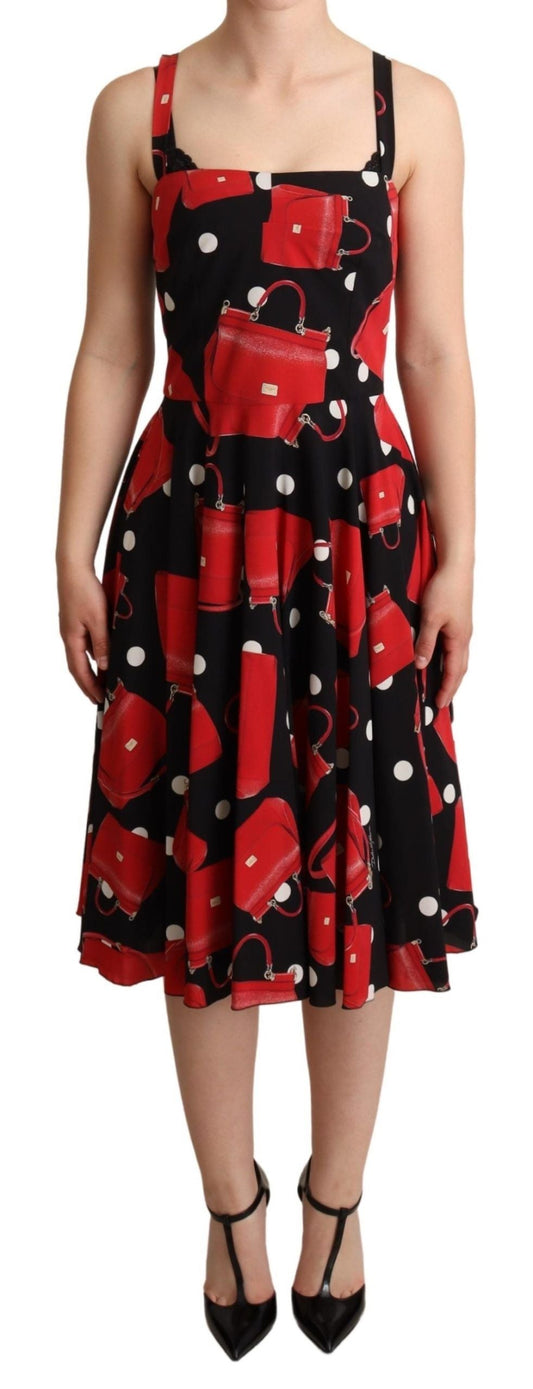 Dolce & Gabbana Black Red Bag Print A-line Mid Length Women's Dress