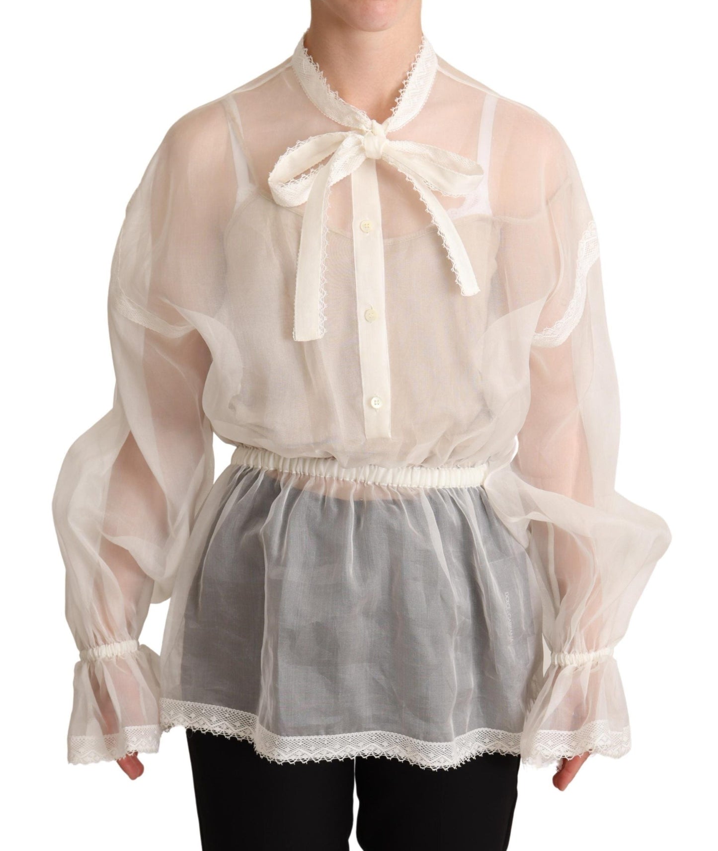 Dolce & Gabbana White Ascot Collar Long Sleeves Blouse Women's Top