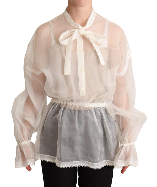 Dolce & Gabbana White Ascot Collar Long Sleeves Blouse Women's Top