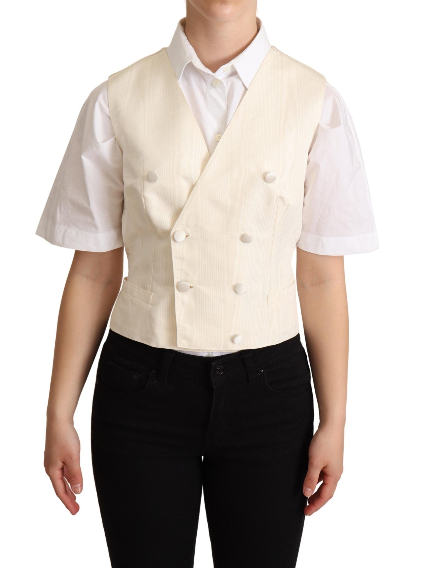 Dolce & Gabbana Beige Silk Sleeveless Waistcoat Women's Vest