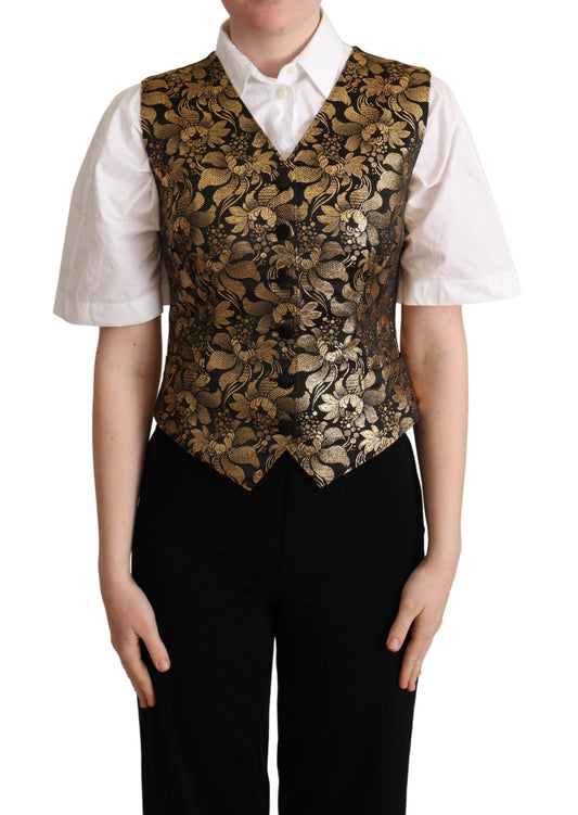 Dolce & Gabbana Black Gold Jacquard Silk Waistcoat Women's Vest