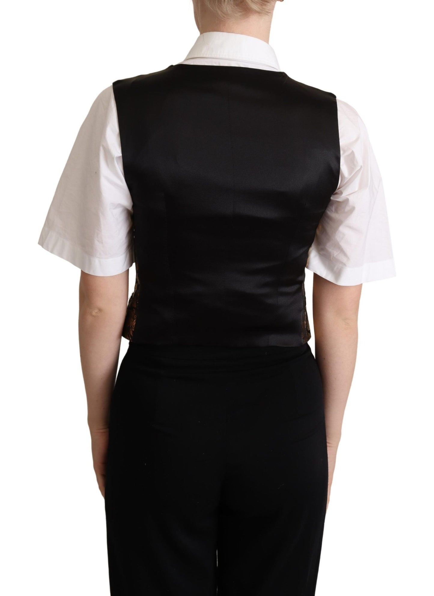 Dolce & Gabbana Black Gold Jacquard Silk Waistcoat Women's Vest