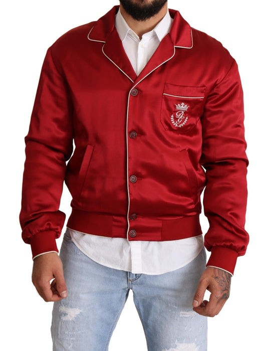 Dolce & Gabbana Red Silk Button DG Logo Bomber Men's Jacket