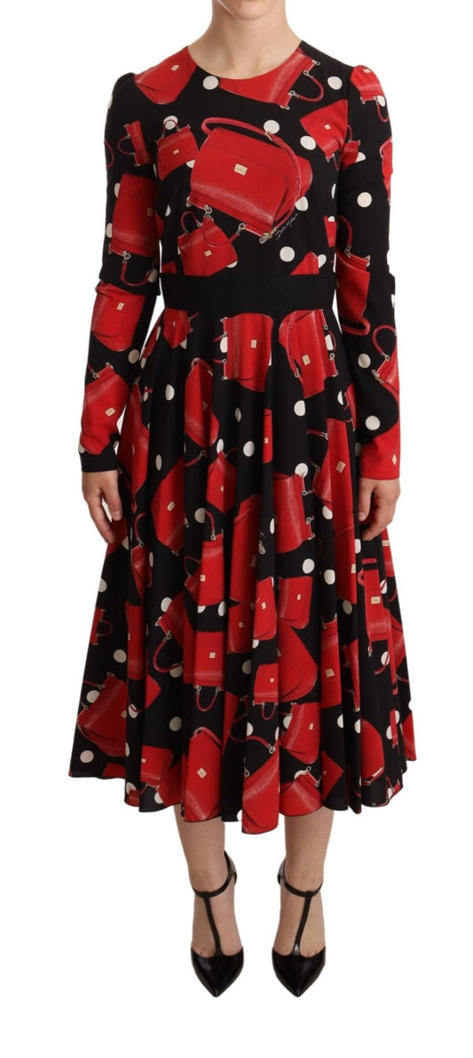 Dolce & Gabbana Black Sicily Bag Print Flared Midi Women's Dress