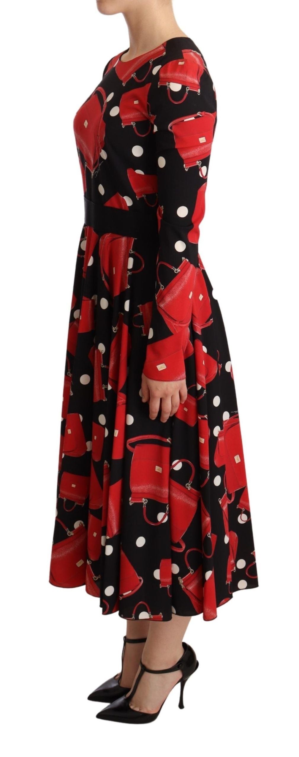 Dolce & Gabbana Black Sicily Bag Print Flared Midi Women's Dress