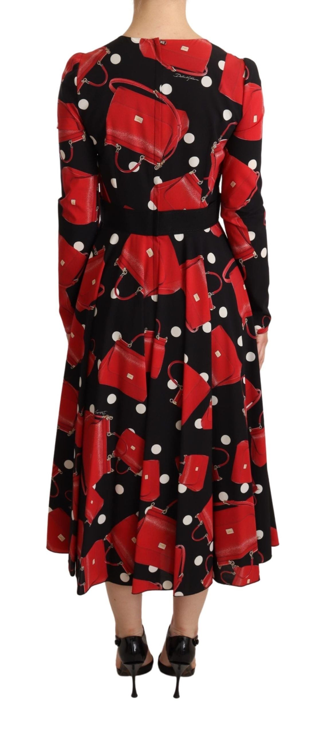 Dolce & Gabbana Black Sicily Bag Print Flared Midi Women's Dress